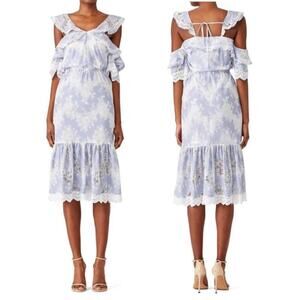 🔴MARISSA WEBB Kendra Floral Eyelet Lace Trim Ruffled Midi Dress French‎ Blue